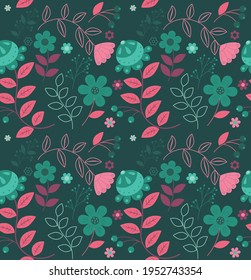 vector seamless pattern of ethnic nature in pink and green palette, bright contrast background, dark green background