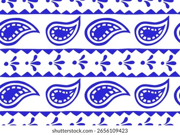 Vector seamless pattern with ethnic ornaments. Blue print with paisley
