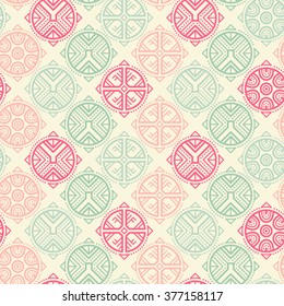 Vector seamless pattern with ethnic regular ornament (archaic circular symbol). Stylish ethnic design with rose-shaped decoration. Lovely color palette (vibrant pink, pale pink and sea green)