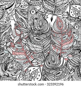 Vector seamless pattern. Ethnic retro design with feathers in zentangle style with abstract ornament for textile, fashion fabric, wallpaper, wrapping paper etc