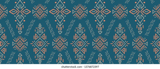 Vector Seamless Pattern in Ethnic Style. Trendy hand drawn boho tile. Creative tribal endless ornament, perfect for textile design, wrapping paper, wallpaper or site background.