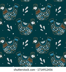 Vector seamless pattern in ethnic style with decorate chicken and grey dots. Hand drawn  cartoon illustration. Perfect for textile print, wrapping paper, wallpaper, cover.