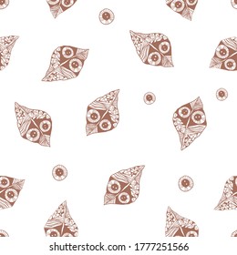 Vector seamless pattern in ethnic style. Hand-drawn decorative elements. Stylized leaves decorated with ornaments. Abstract lines and circles combined with plant shapes. Print design, background.