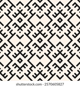 Vector seamless pattern in ethnic style. Traditional folk ornament. Abstract monochrome texture. Simple background with tribal motif, geometric elements. Black and white repeated geo design for decor