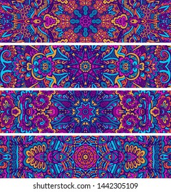 Vector seamless pattern ethnic tribal floral psychedelic colorful fabric print. Set of banner background  festival