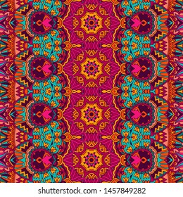 Vector seamless pattern ethnic tribal geometric psychedelic colorful print. Indian doodle art