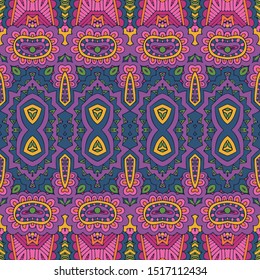 Vector seamless pattern ethnic tribal geometric psychedelic colorful print. Intricate doodle textile design