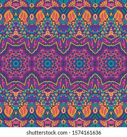 Vector seamless pattern ethnic tribal geometric psychedelic colorful print. Intricate doodle textile design