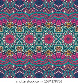 Vector seamless pattern ethnic tribal geometric psychedelic colorful print. Intricate doodle textile design