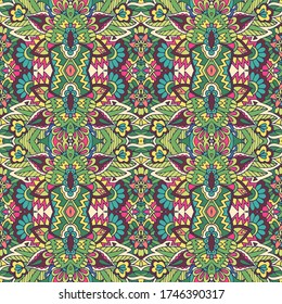 Vector nahtlose Muster ethnischen Stammes geometrische psychedelische farbige Druck. Frühling und Sommer mit Blumen und Blättern