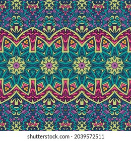 Vector seamless pattern ethnic tribal floral psychedelic colorful fabric print. Mexican design style carnival
