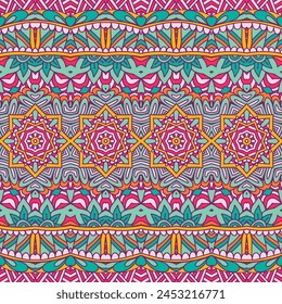 Vector seamless pattern ethnic tribal floral psychedelic colorful fabric print. Tribal ethnic indian seamless vector design. Festive colorful mandala art pattern.