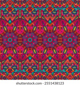 Vector seamless pattern ethnic tribal floral psychedelic colorful fabric print. Ethnic tribal festive pattern. Abstract geometric colorful seamless mandala flower ornamental. Mexican design