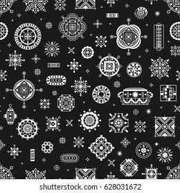 Vector seamless pattern with ethnic tribal boho trendy symbols and ornaments. Can be printed and used as wrapping paper, wallpaper, textile, fabric.