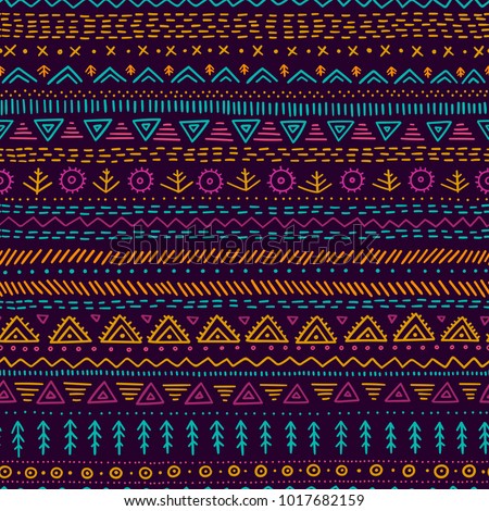 Vector seamless pattern with ethnic tribal hand-drawn trendy ornaments. Can be printed and used as wrapping paper, wallpaper, textile, fabric, etc. - Vector