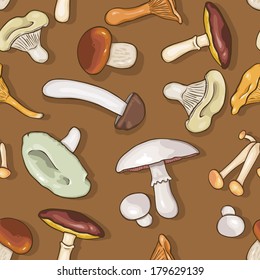 Vector Seamless Pattern of  Etible Mushrooms on Brown Background