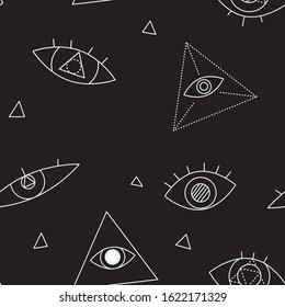 A vector seamless pattern with an evil eye and a triangle in the pupil. A magical and mystical stock illustration for occultism and aura testing. A white outline on a black background for print