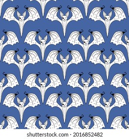 Vector seamless pattern of evil and gloomy bat for halloween on a blue background. Hand drawn black and white outline design for wallpaper, wrapper, backdrop, banner decoration.