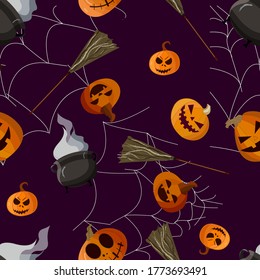 Vector seamless pattern of evil pumpkins, broomsticks and cauldrons on a web background. Halloween concept