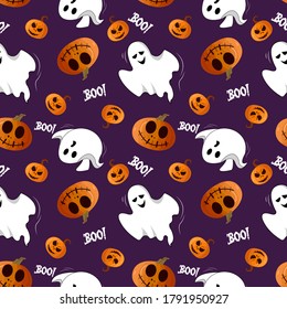 Vector seamless pattern with evil pumpkins and ghosts. Halloween concept for print design.