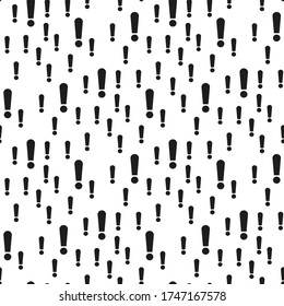Vector seamless pattern with exclamation point. Black and white simple background design. Hazard warning hand draw symbol. Vector seamless pattern on white background.