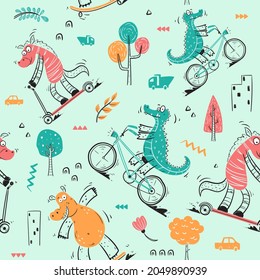 Vector Seamless Pattern with exercise animals concept. Crocodile, horse, hippopotamus. Best For Fabric Printing, Wallpaper, Backgrounds, Graphics Elements, Poster.