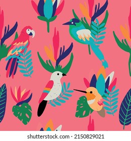 Vector seamless pattern with exotic bird and tropical plants on a pink background. Design for fabric, wallpaper, textile and decor.