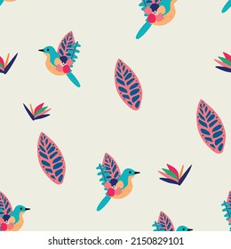 Patrón vectorial sin fisuras con aves exóticas y plantas tropicales. Diseño de tela, papel pintado, textiles y decoración.