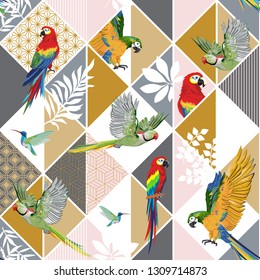 Vector seamless pattern with exotic birds, Parrot, Toucans, Hummingbird and tropical leaves. Exotic Hawaii art background is tropical trendy. Design for fabric, textile, wrapping paper.