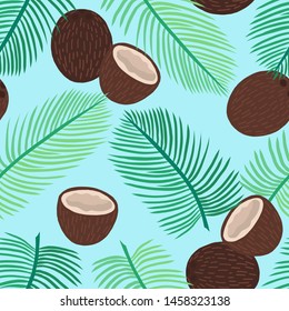 vector seamless pattern of exotic coconut and palm leaves. Tropical food. Hand-drawn flat illustration. use for the menu and textile.