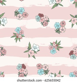 Vector seamless pattern. Exotic colorful flowers on a white-pink background with stripes. Floral art. Hand drawn fashion illustration.