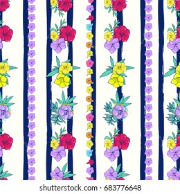 Vector seamless pattern. Exotic colorful flowers on a white-blue background with stripes. Floral design. Hand drawn fashion illustration.