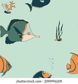 Vector seamless pattern with exotic fish of different colors, corals and algae