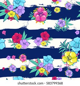 Vector seamless pattern. Exotic flowers on a white blue background. Floral ornament. Nature art