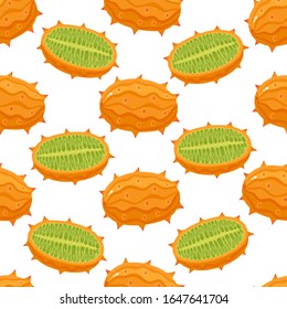 Vector seamless pattern of exotic fruit kiwano isolated on white. Whole and half of fresh background with tropical melon used for poster, website, brochure, tag