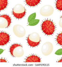 Vector seamless pattern of exotic fruit rambutan on white. Whole and half of fresh tropical fruit background used for poster, website, brochure, tag
