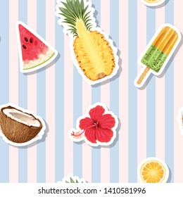 Vector seamless pattern with exotic fruits on striped background