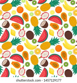vector seamless pattern of exotic fruits: pineapple, watermelon, lemon, lime, coconut, banana, papaya, kiwi, dragon fruit. Tropical food. Hand-drawn flat illustration. use for the menu and textile.