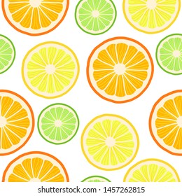 vector seamless pattern of exotic fruits:  lemon, lime, orange. Tropical food. Hand-drawn flat illustration. use for the menu and textile.
