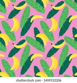 vector seamless pattern of exotic fruits: banana and palm leaves. Tropical food. Hand-drawn flat illustration. use for the menu and textile.