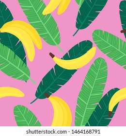 vector seamless pattern of exotic fruits: banana and palm leaves. Tropical food. Hand-drawn flat illustration. use for the menu and textile.