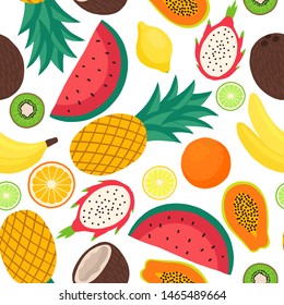 vector seamless pattern of exotic fruits: pineapple, watermelon, lemon, lime, coconut, banana, papaya, kiwi, dragon fruit. Tropical food. Hand-drawn flat illustration. use for the menu and textile.