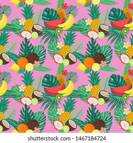 vector seamless pattern of exotic fruits and leaves of tropic plant: pineapple, watermelon, lemon, lime, coconut, banana, papaya, kiwi, dragon fruit. Tropical food. Hand-drawn flat illustration. 