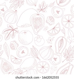 Vector de forma transparente de guayaba de frutas exóticas, mangostino, higos. Esbozar en un estilo dibujado trazo rosa neto sobre un fondo blanco. Diseño para papel pintado, textil, papel envasado, embalaje de producto.
