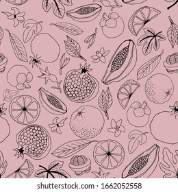 Vector seamless pattern of exotic fruits pomegranate, mangosteen, papaya. Sketch in a drawn style black stroke on a pink background. Design for wallpaper, textile, wrapping paper, product packaging.