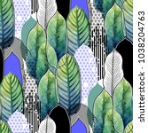 Vector seamless pattern of exotic heliconia leaves drawn in line graphic and watercolor artistic techniques