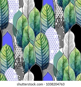 Vector seamless pattern of exotic heliconia leaves drawn in line graphic and watercolor artistic techniques