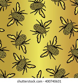 Vector seamless pattern with exotic outline insects. Vector luxury background Premium design. Abstract background in golden colors with beetle bugs pattern. Vintage style illustration Elegant insects