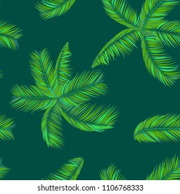 Vector Seamless Pattern of Exotic Palm Leaves. Tropic Summer Background. Realistic Jungle Foliage in Modern Style. Tropic Seamless Pattern for Print, Paper, Cloth Design, Textile, Wallpaper, Wrapping.