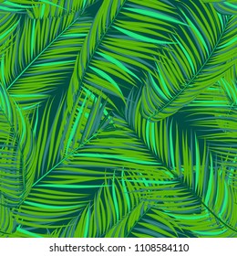 Vector Seamless Pattern of Exotic Palm Leaves. Tropic Summer Background. Realistic Jungle Foliage in Modern Style. Tropic Seamless Pattern for Print, Paper, Cloth Design, Textile, Wallpaper, Wrapping.